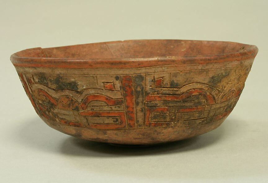 Incised Painted Bowl with Feline Faces, Ceramic, pigment, Paracas 