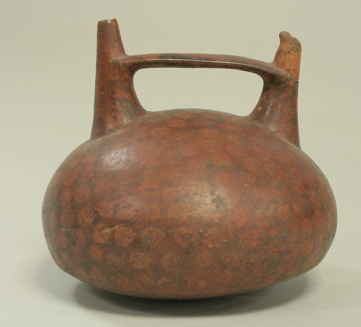 Double Spout and Bridge Bottle with Bird, Ceramic, pigment, Paracas 