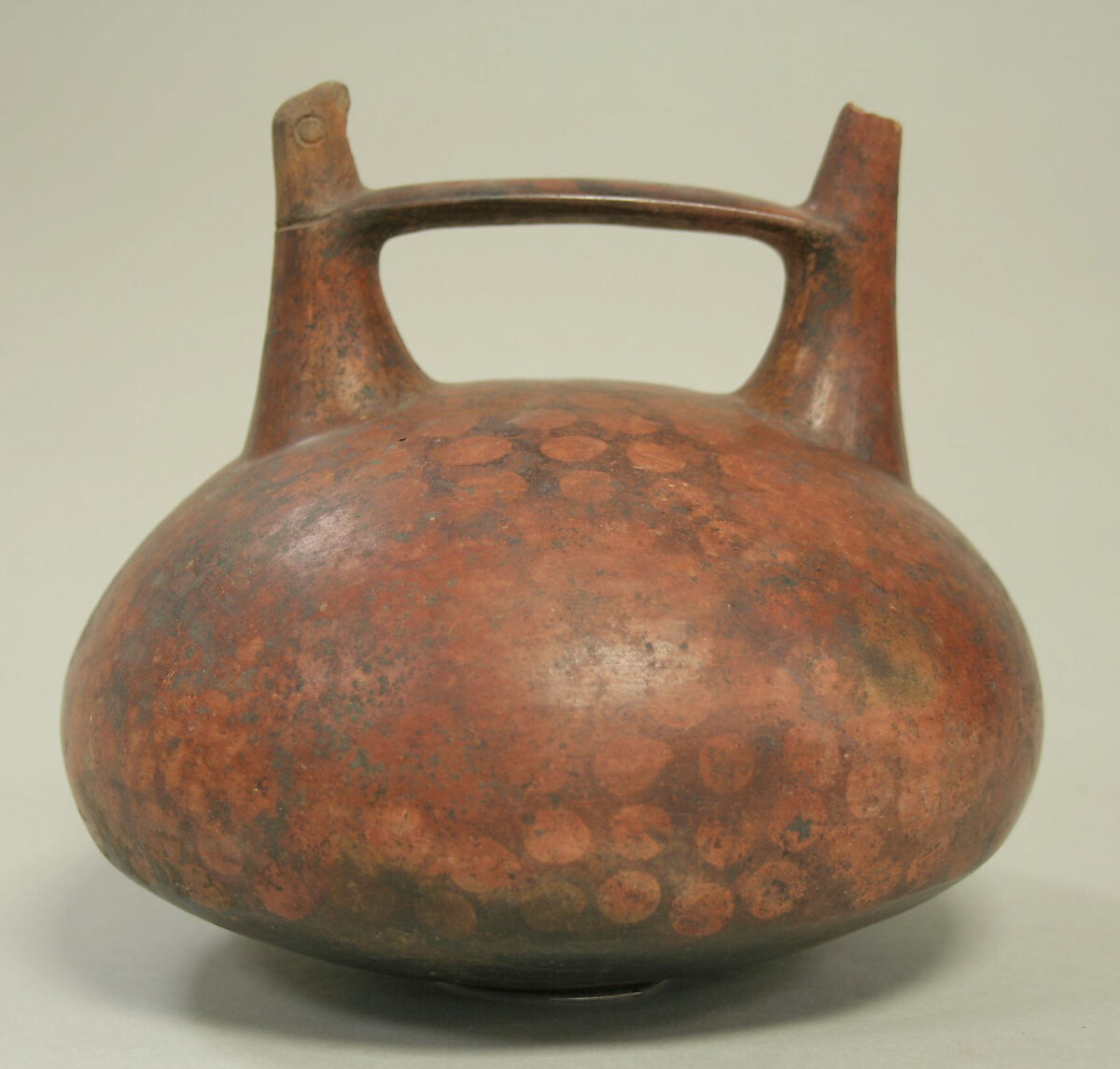 Double Spout and Bridge Bottle with Bird, Ceramic, pigment, Paracas 