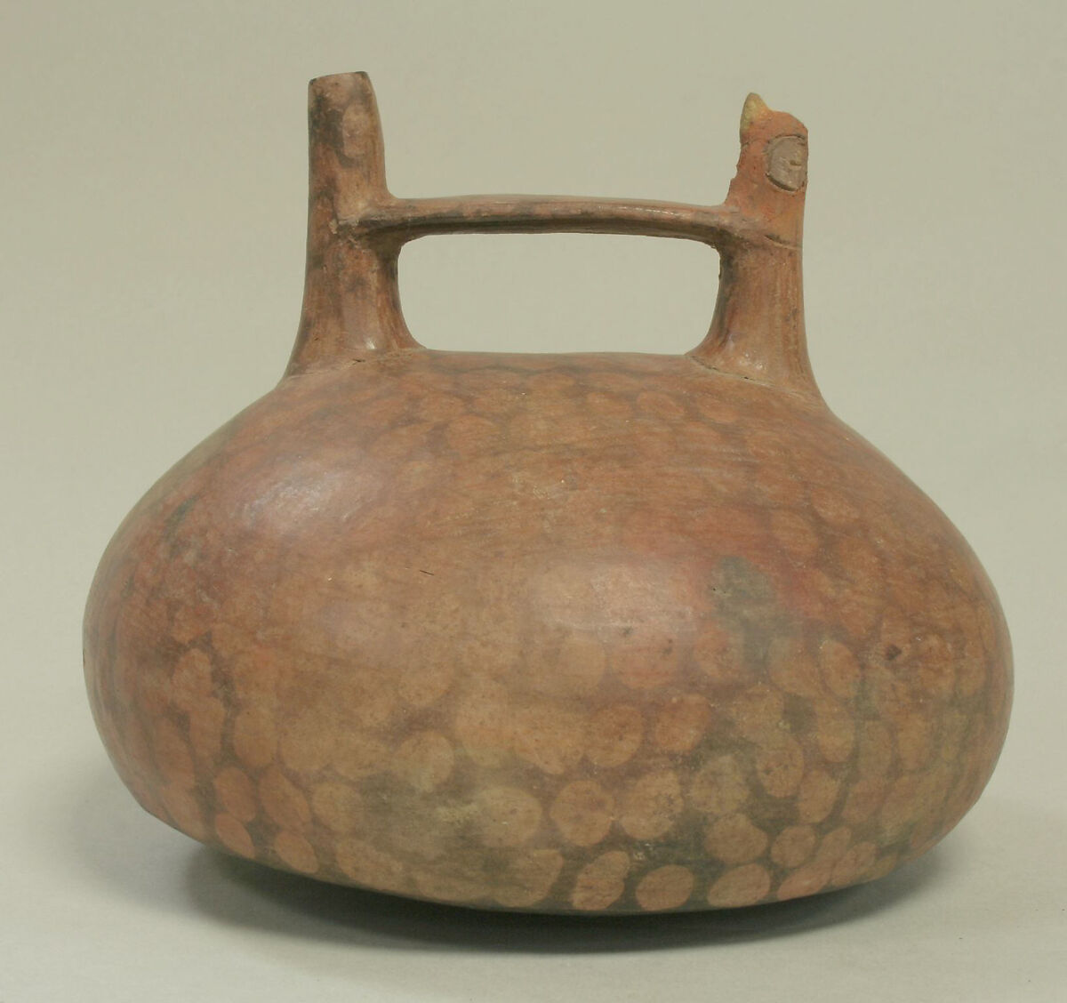 Double Spout and Bridge Bottle with Bird, Ceramic, pigment, Paracas 