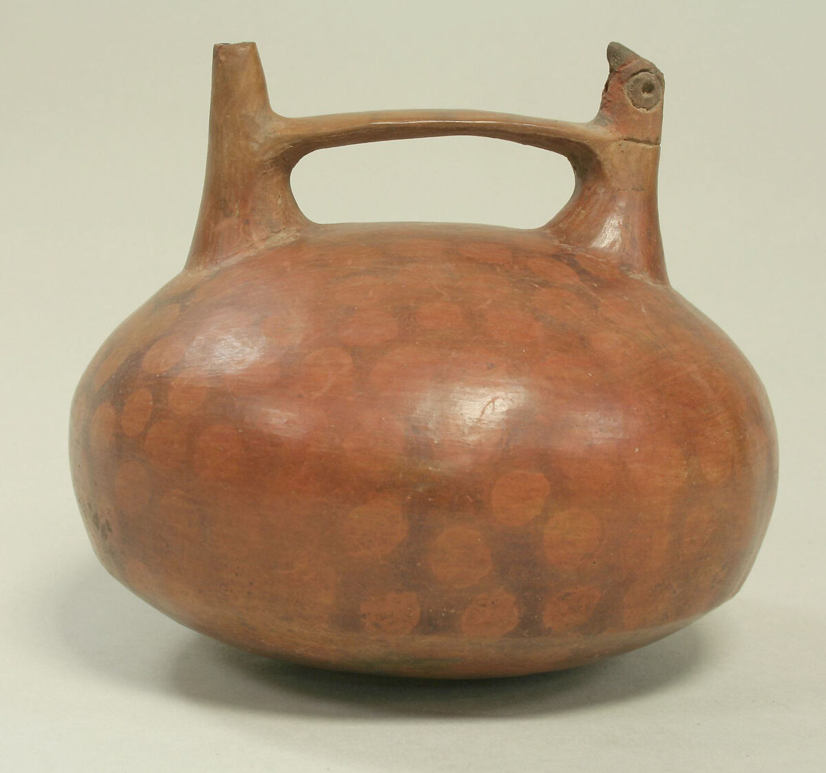 Double Spout and Bridge Bottle with Bird, Ceramic, pigment, Paracas 