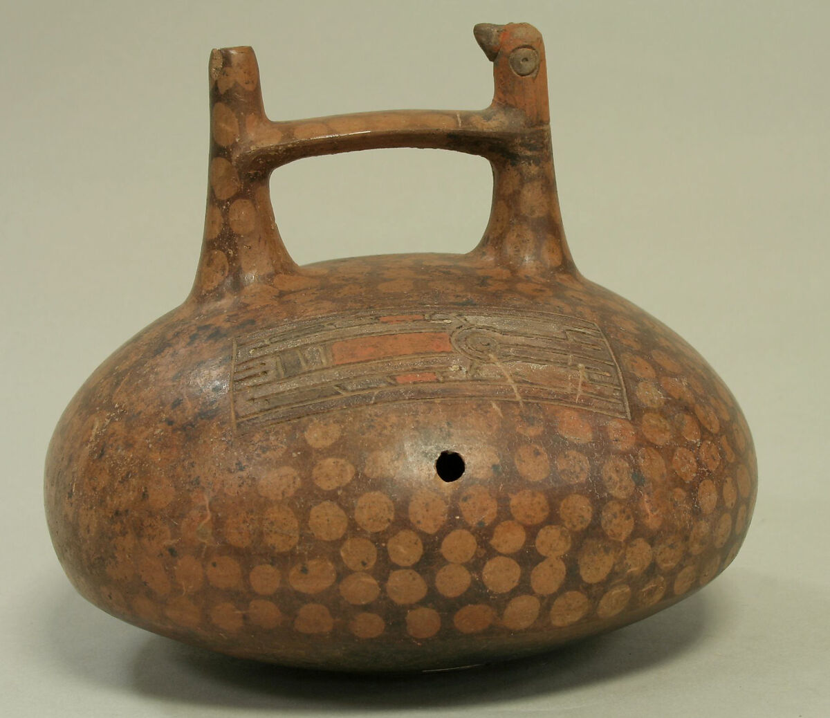 Double Spout and Bridge Bottle with Bird, Ceramic, pigment, Paracas 