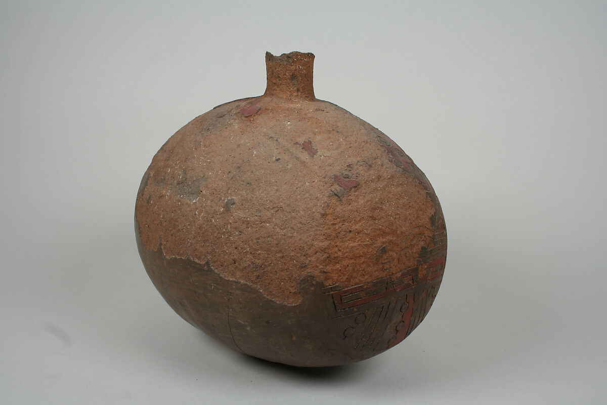 Oblong Single Spout Bottle, Ceramic, slip, pigment, Paracas 