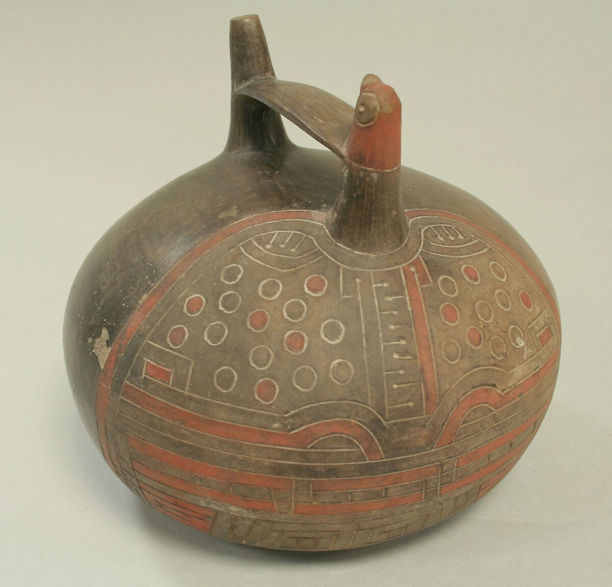 Double Spout and Bridge Bottle with Bird, Ceramic, pigment, Paracas 