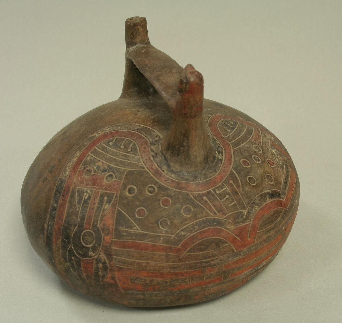 Double Spout and Bridge Bottle with Bird, Ceramic, Paracas 