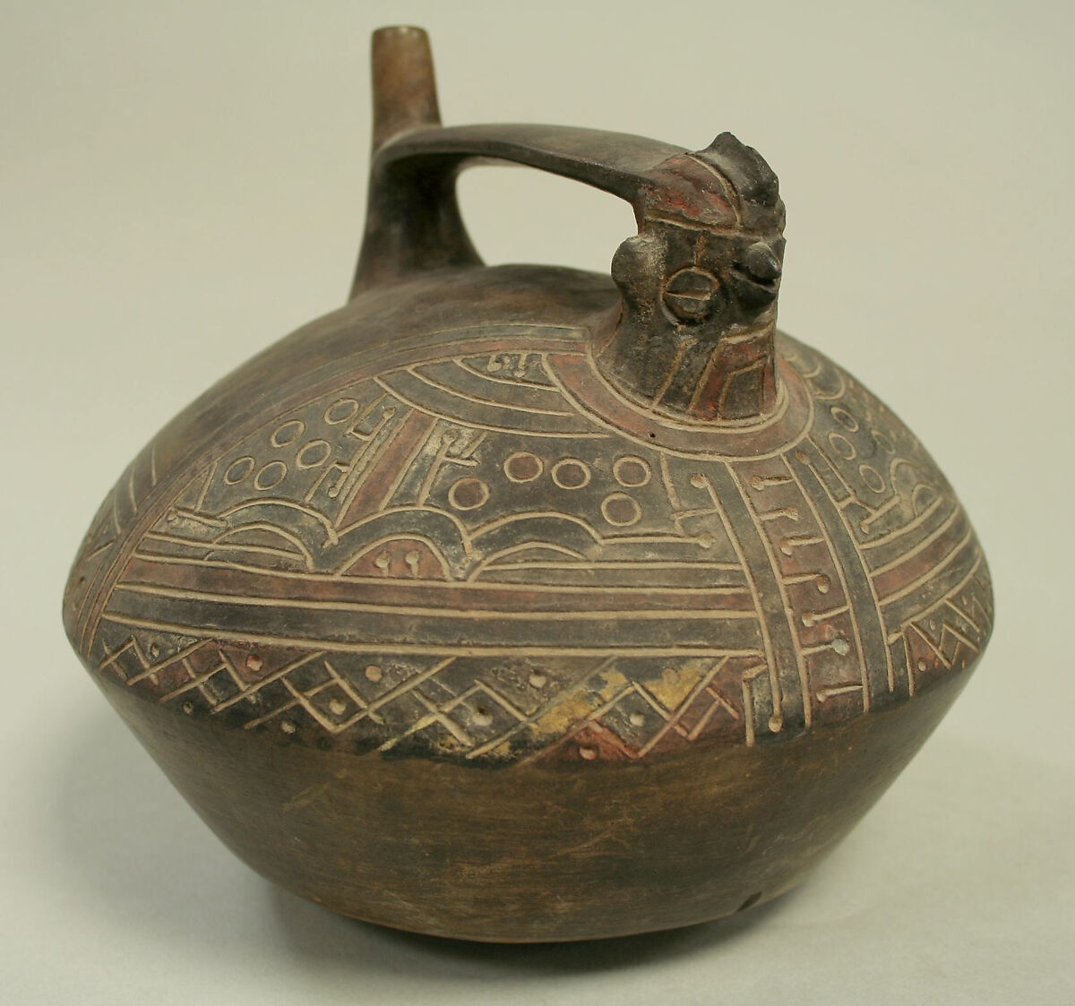 Double Spout and Bridge Bottle with Bird, Ceramic, pigment, Paracas 