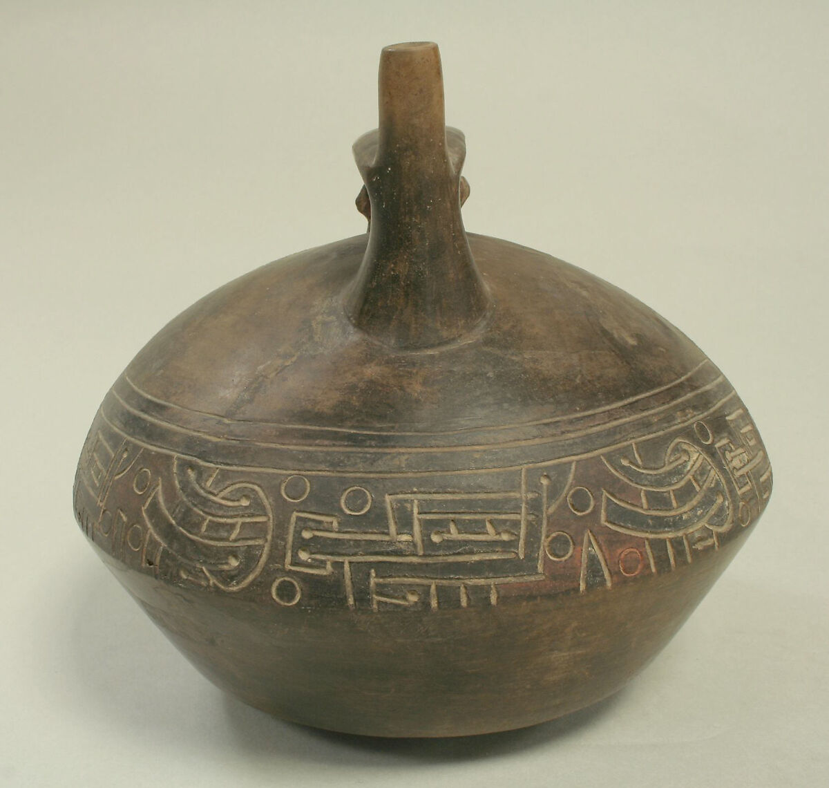 Double Spout and Bridge Bottle with Bird, Ceramic, pigment, Paracas