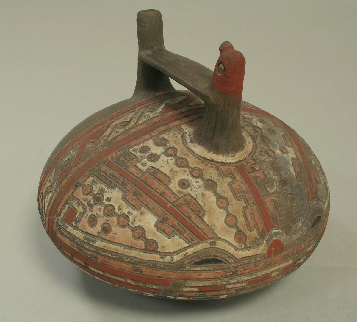 Double Spout and Bridge Bottle with Bird, Ceramic, pigment, Paracas 