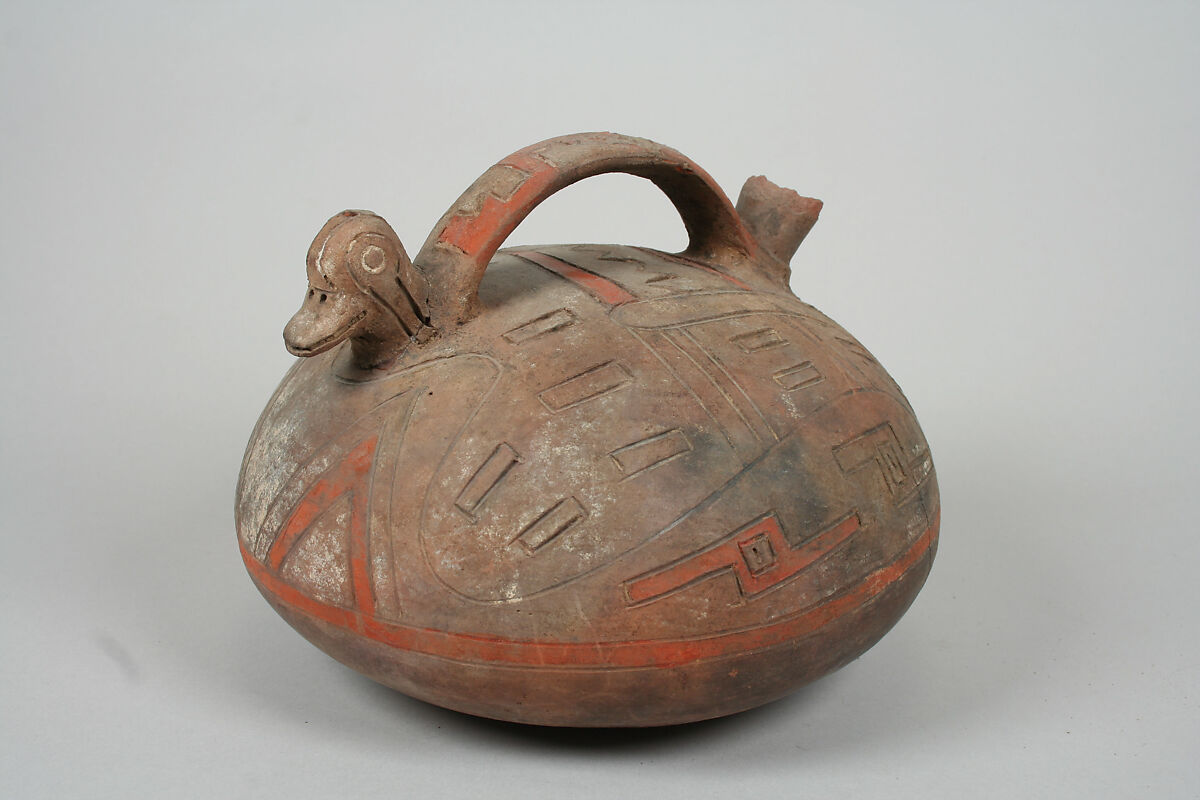 Double Spout and Bridge Bottle with Bird, Ceramic, slip, pigment, Paracas 