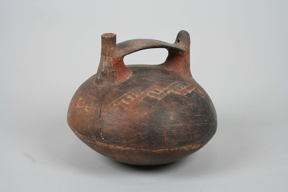 Double Spout and Bridge Bottle with Bird, Ceramic, slip, pigment, Paracas 