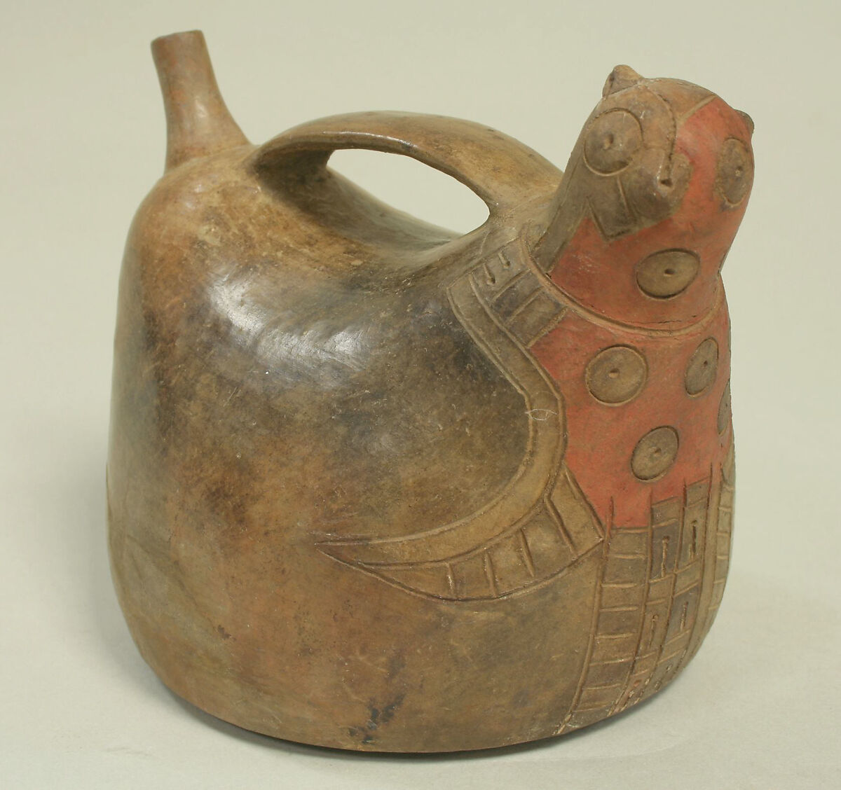 Double Spout and Bridge Bottle with Bird, Ceramic, pigment, Paracas 