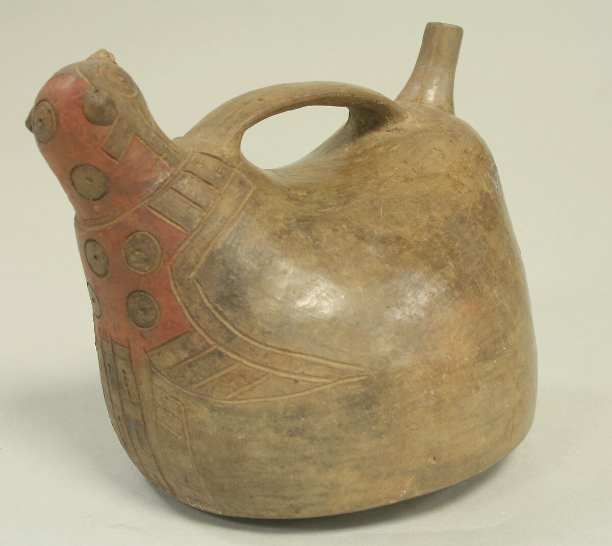 Double Spout and Bridge Bottle with Bird, Ceramic, pigment, Paracas