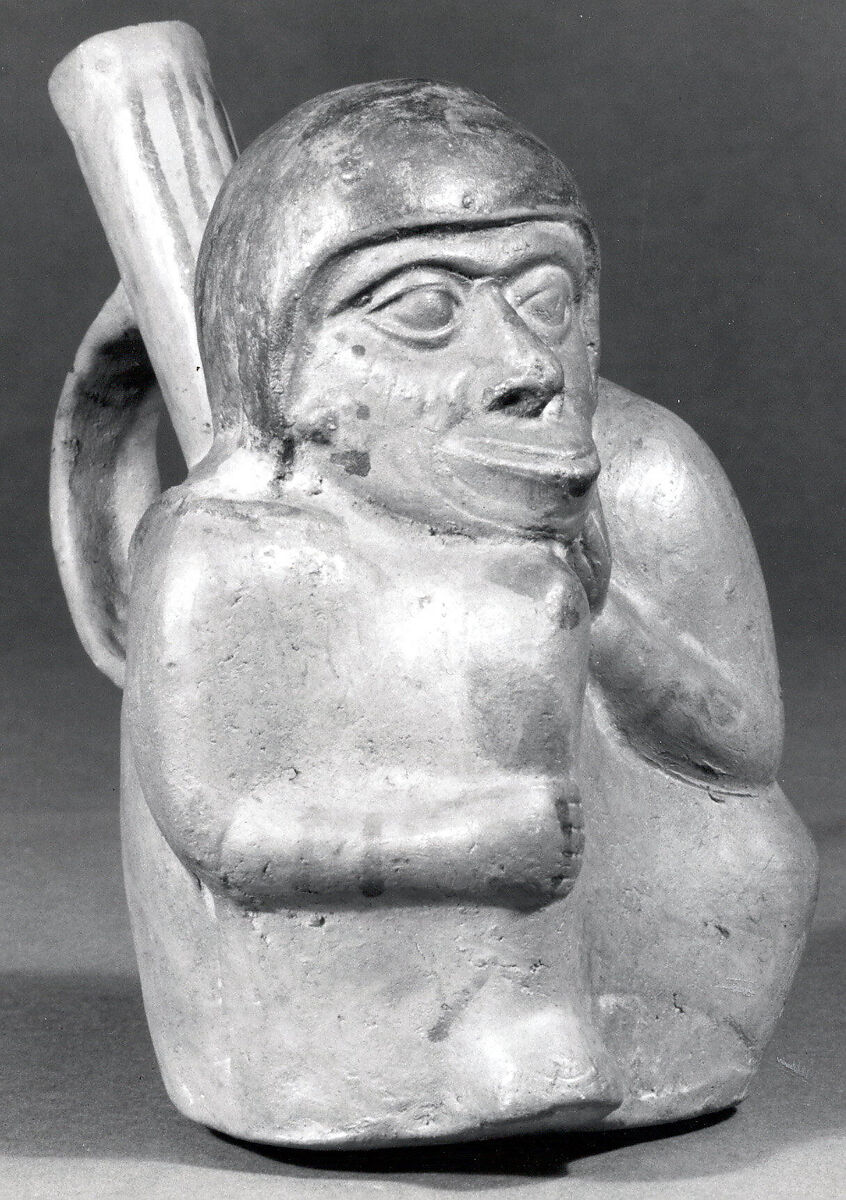 Single Spout Monkey Figure Bottle with Strap Handle, Ceramic, slip, pigment, Moche