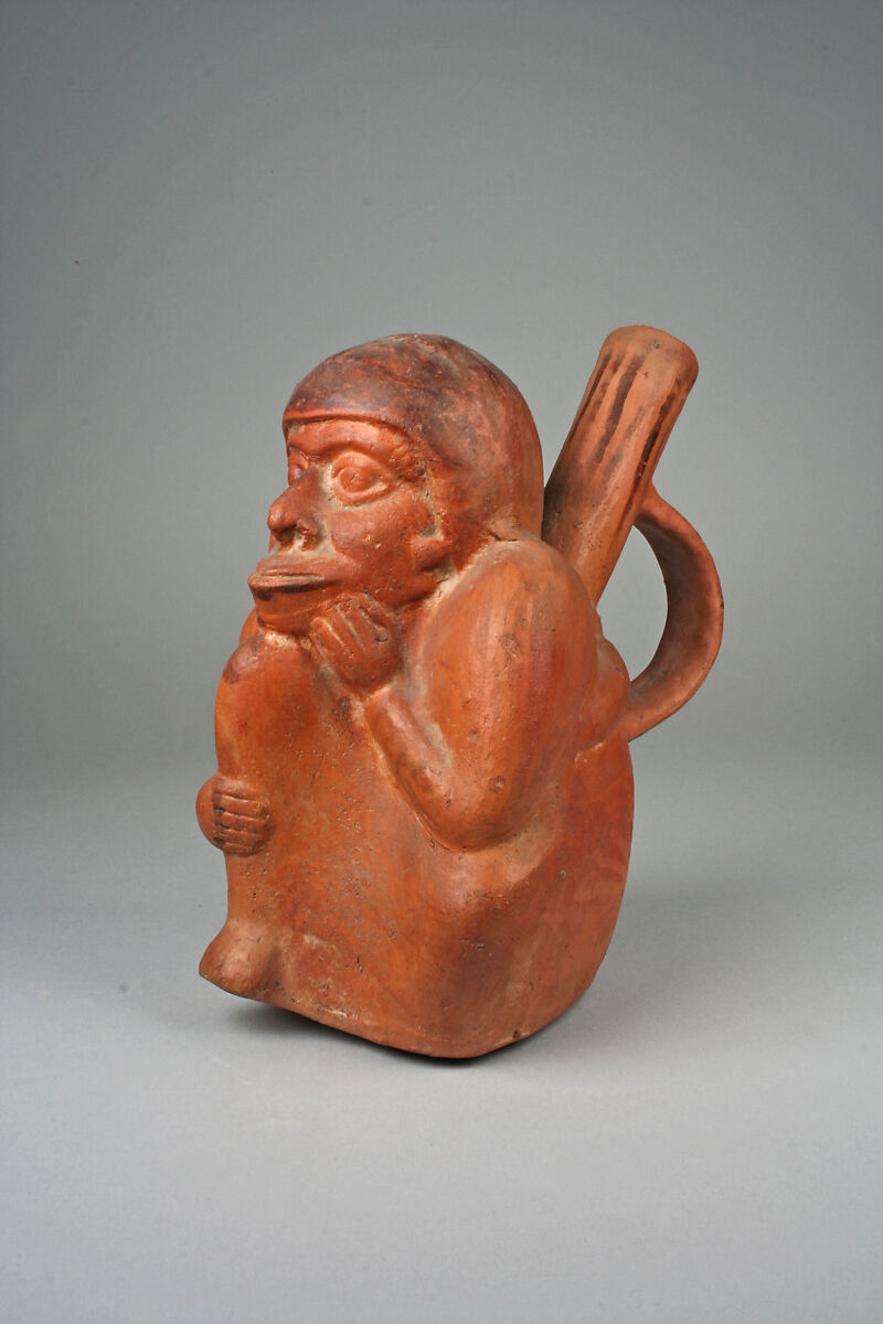 Single Spout Monkey Figure Bottle with Strap Handle, Ceramic, slip, pigment, Moche 