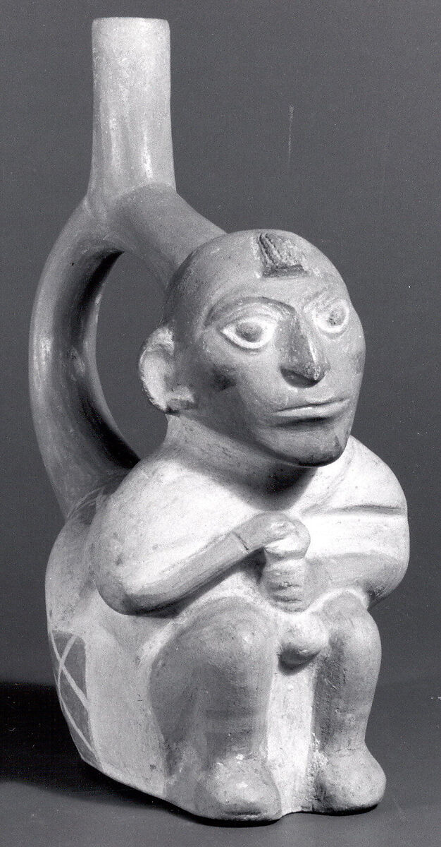 Stirrup Spout Bottle with Figure, Ceramic, slip, pigment, Moche