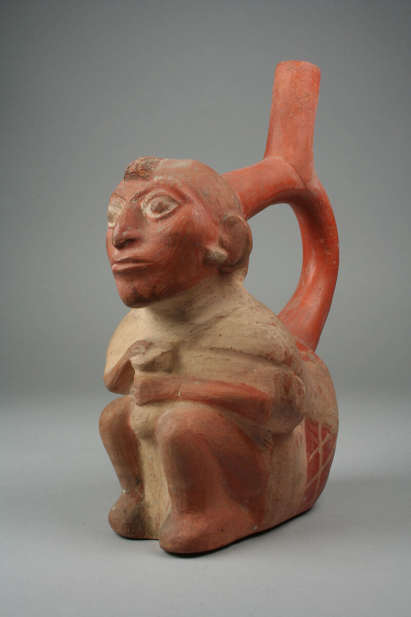 Stirrup Spout Bottle with Figure, Ceramic, slip, pigment, Moche 