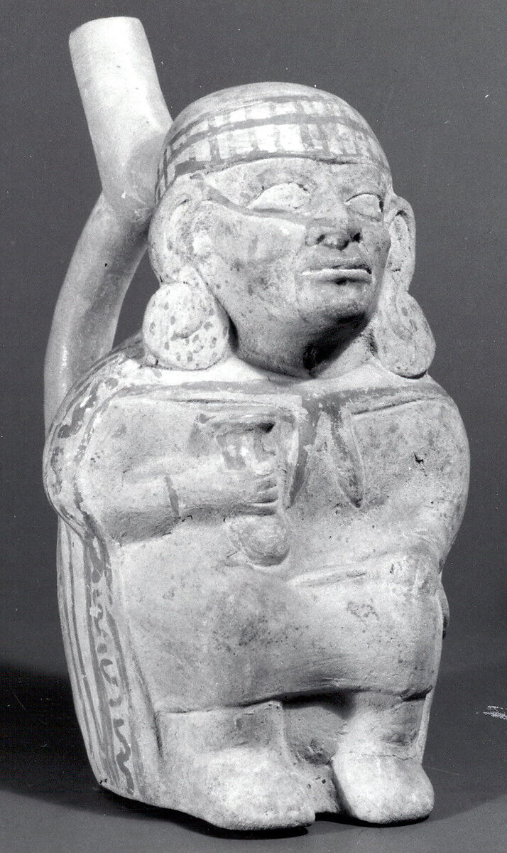 Stirrup Spout Bottle with Figure, Ceramic, slip, pigment, Moche