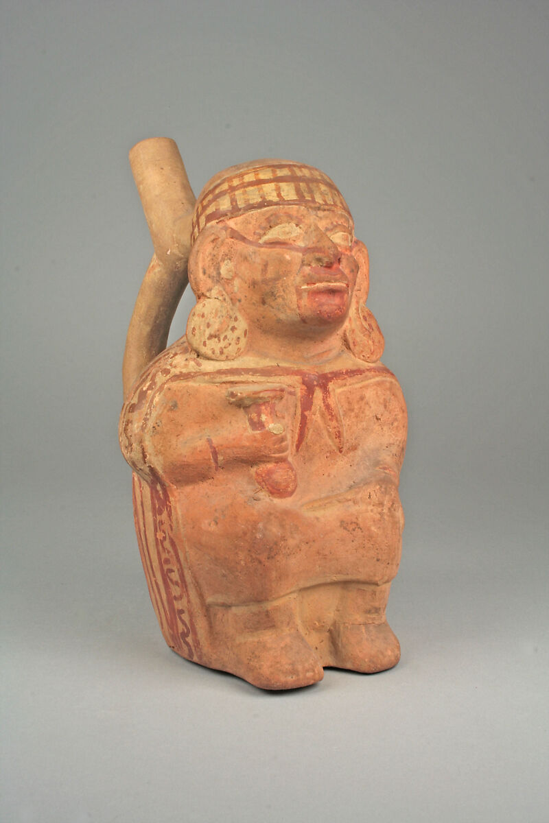 Stirrup Spout Bottle with Figure, Ceramic, slip, pigment, Moche 