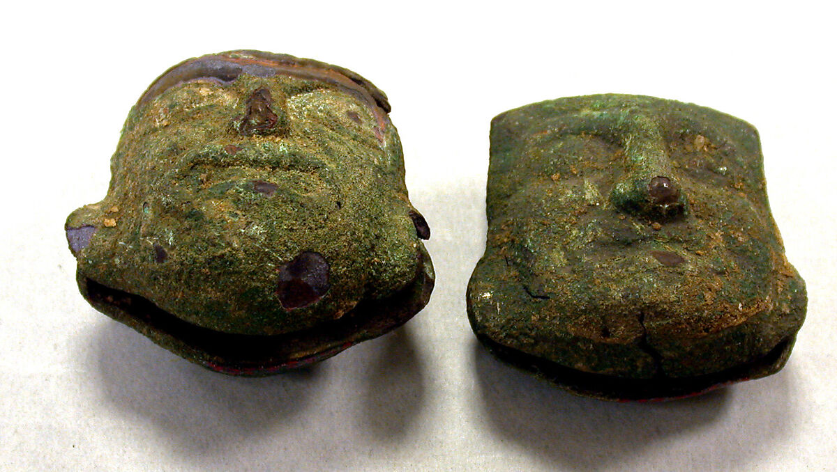 Face Rattle, Copper (hammered), pigment (?), Moche 