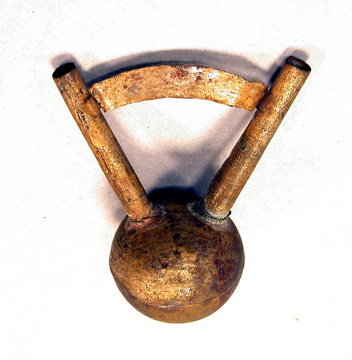 Miniature Silver Double Spout Bottle, Copper, silver gilt (?), Chimú or Chancay 