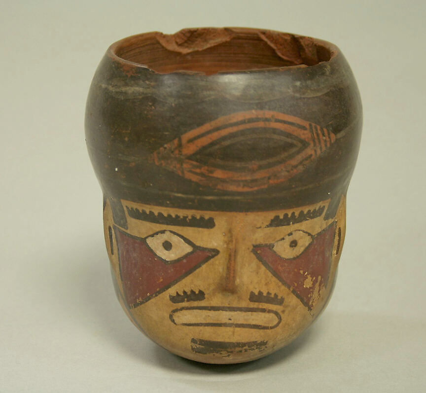 Trophy Head Vessel, Ceramic, pigment, Nasca 