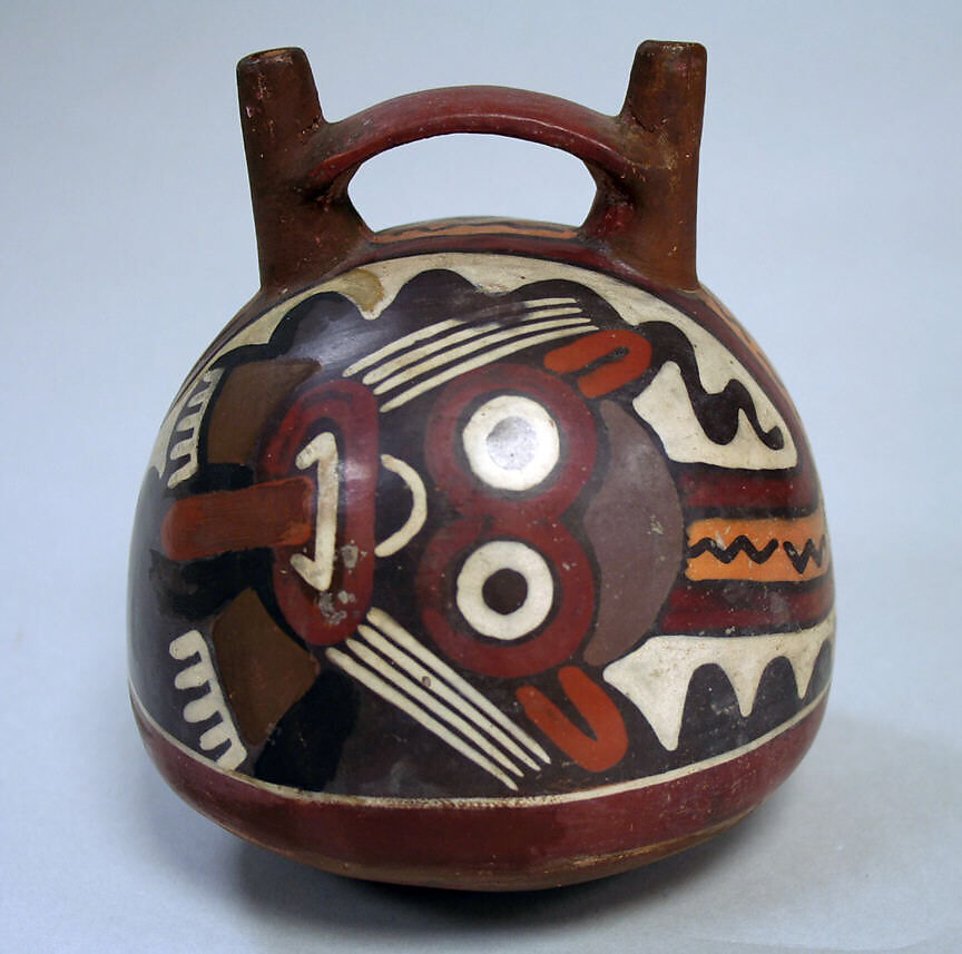 Double Spout and Bridge Bottle with Face, Ceramic, pigment, Nasca 