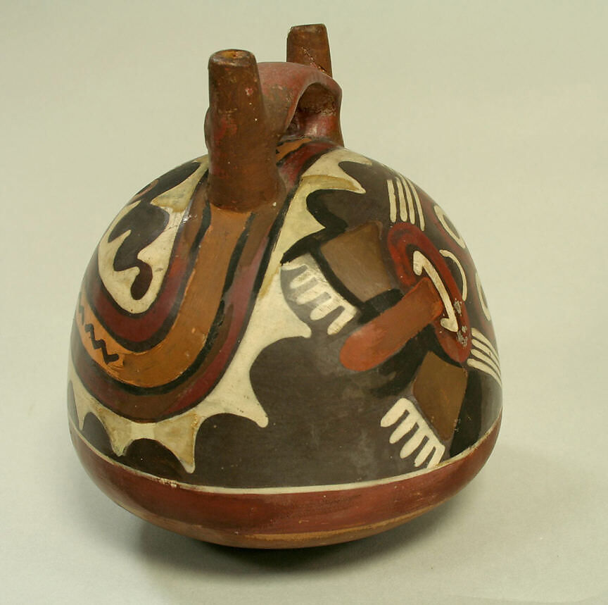 Double Spout and Bridge Bottle with Face, Ceramic, pigment, Nasca
