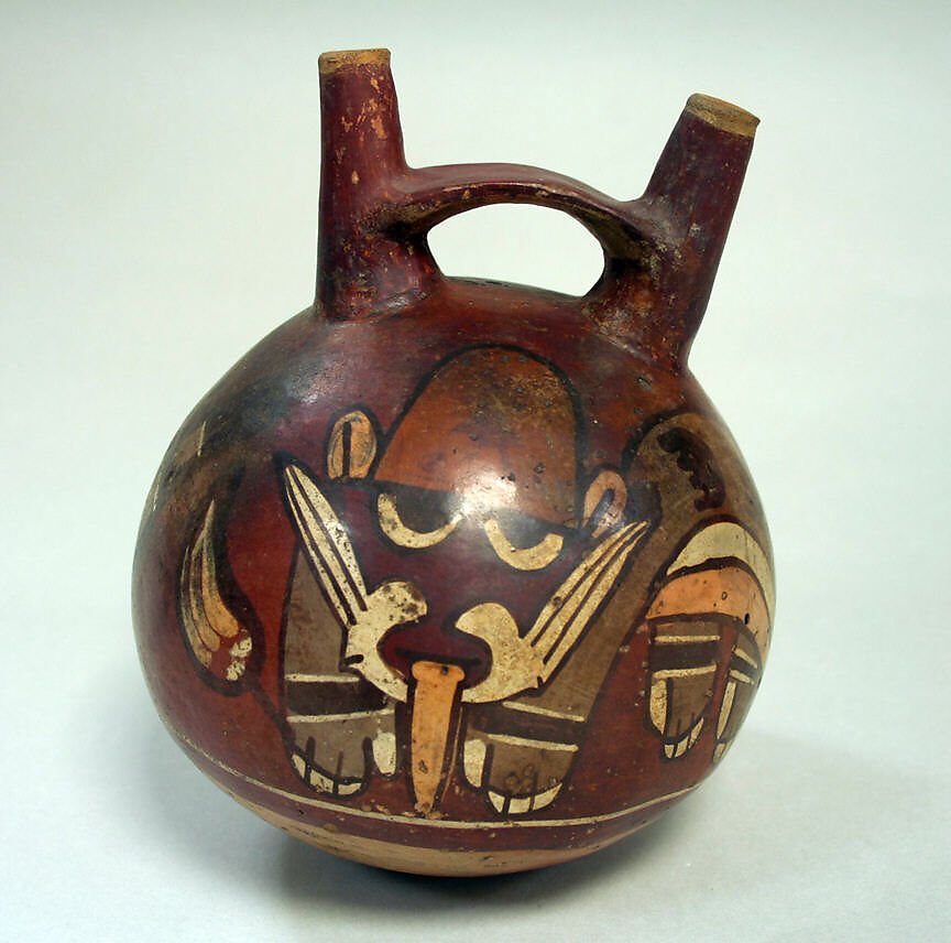 Double Spout and Bridge Bottle with Faces, Ceramic, pigment, Nasca 