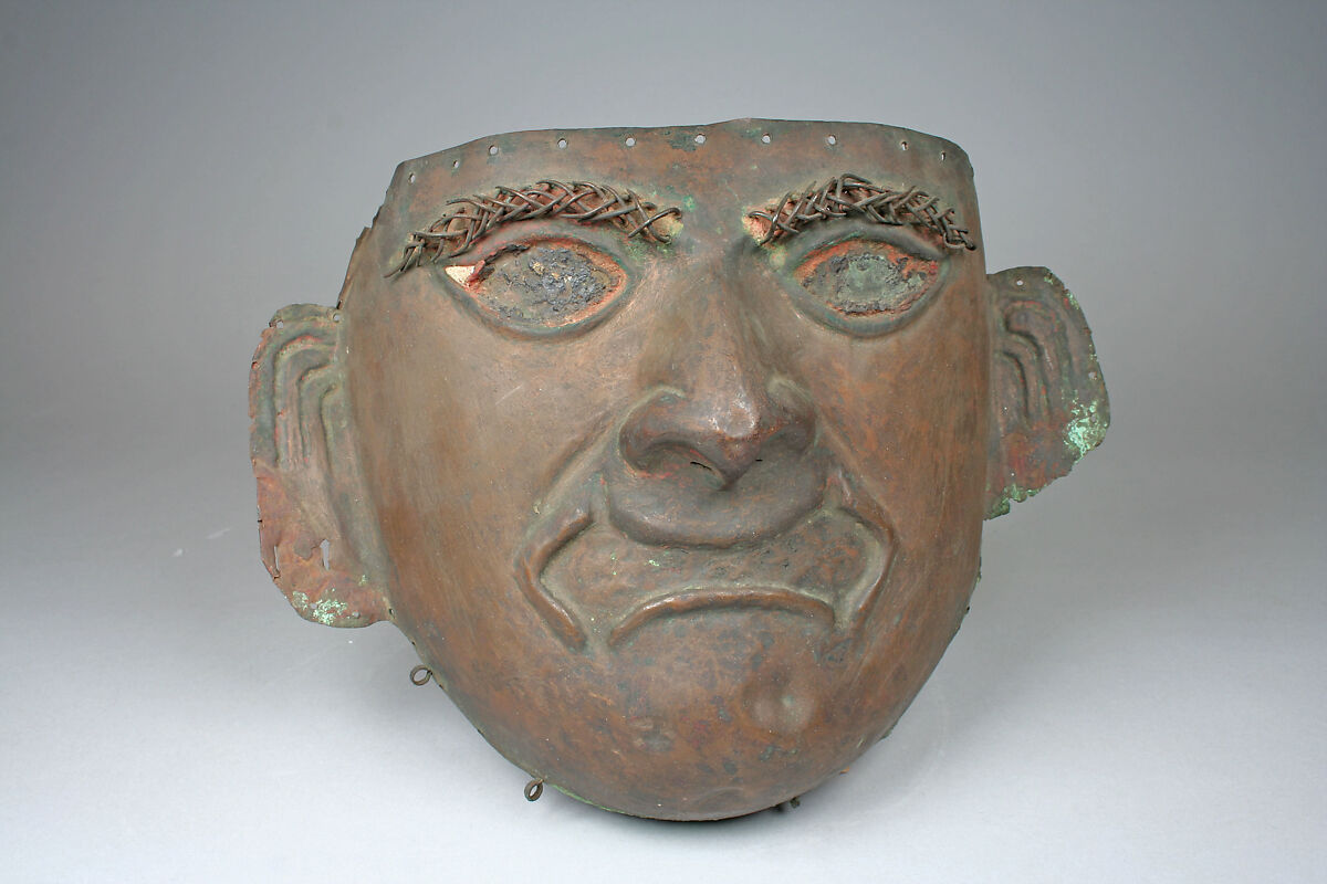 Mask, Copper, shell (?) inlay, pigment, Moche 