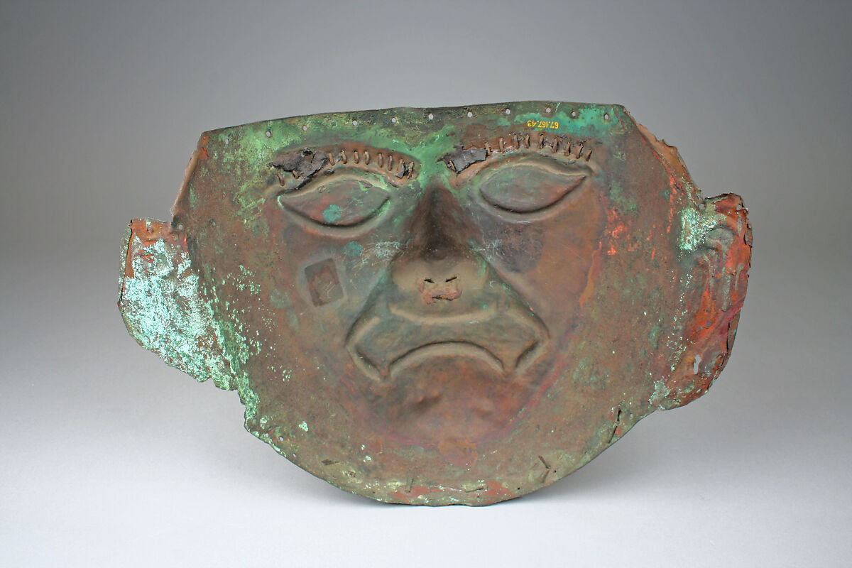 Mask, Copper, shell (?) inlay, pigment, Moche
