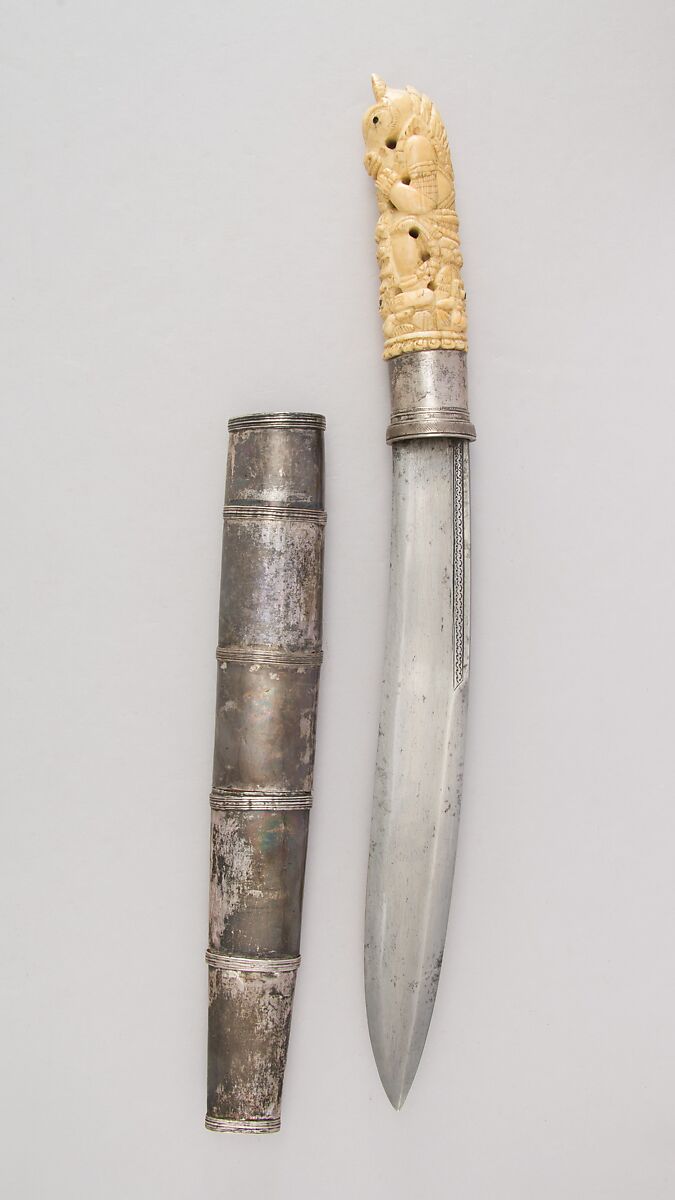 Dagger (Dha) with Sheath, Bone, silver, Burmese 