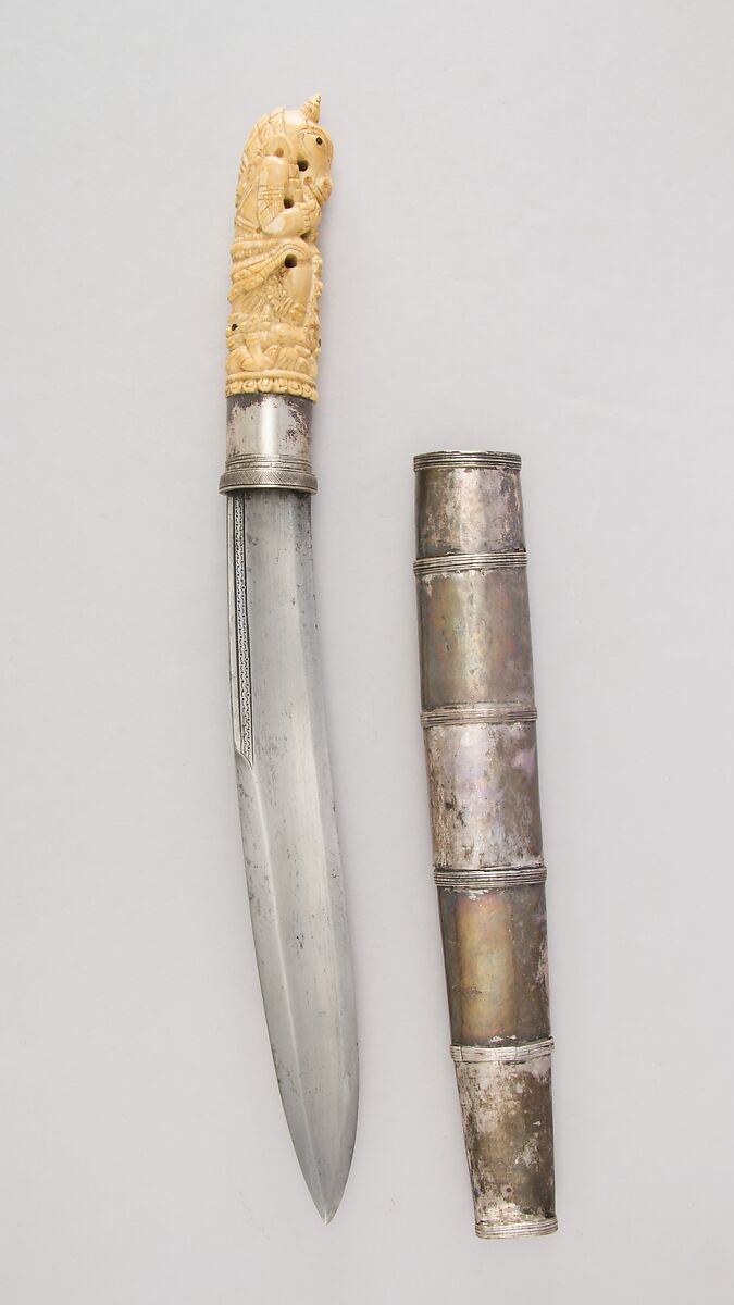Dagger (Dha) with Sheath, Bone, silver, Burmese