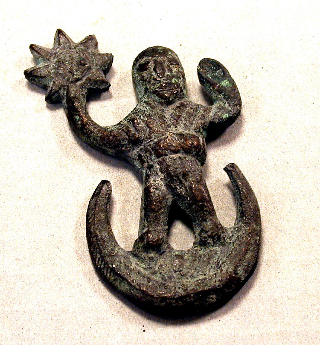 Cast Copper Figure on Standing on Crescent, Copper (cast), Peruvian 