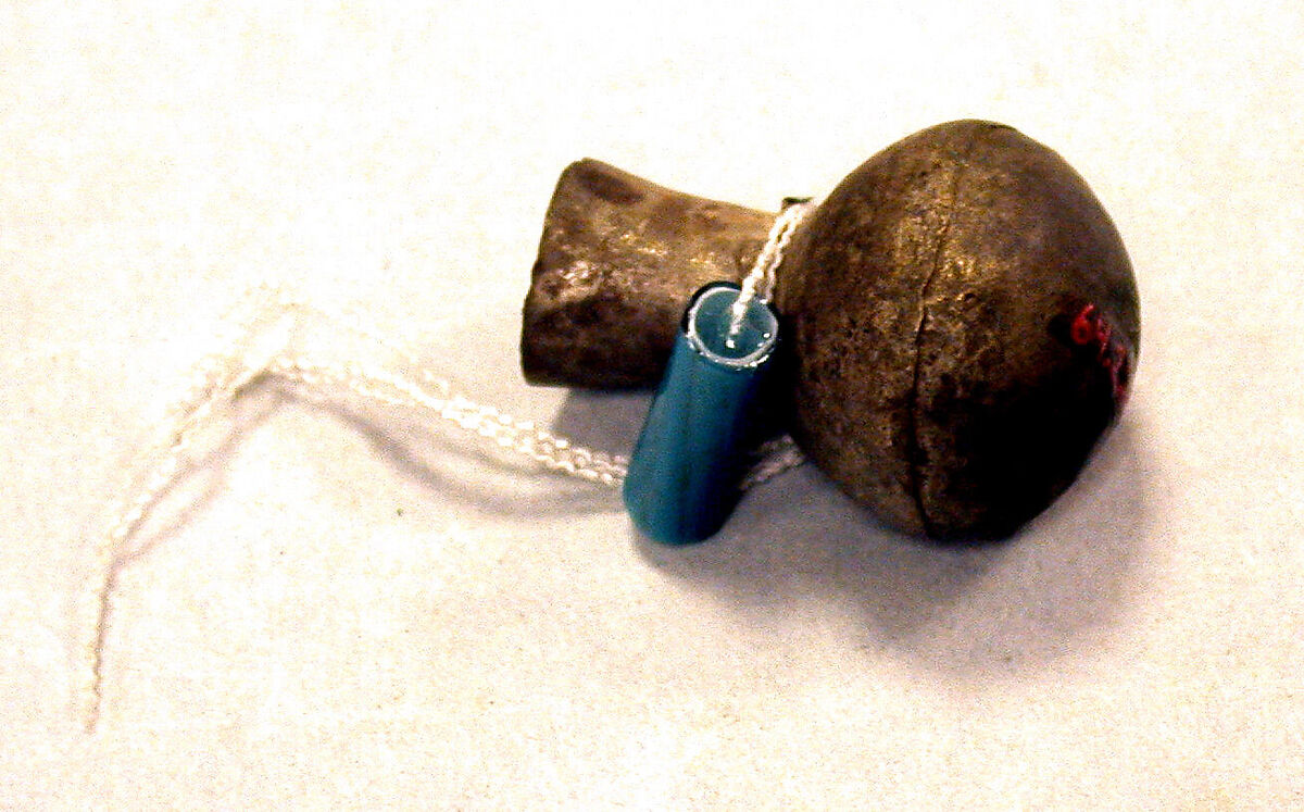 Miniature Hammered Silver Bottle with Blue Bead, Silver, gilt, bead, Peru; north coast (?) 