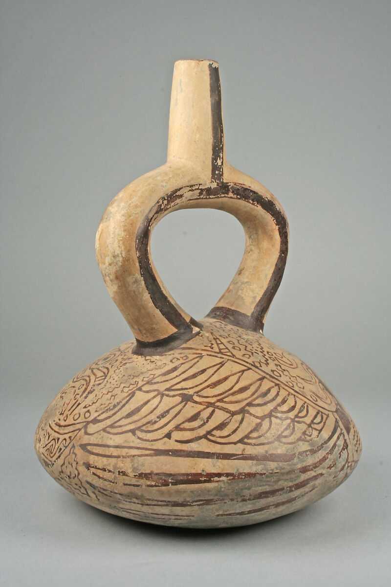 Stirrup Spout Bottle with Birds, Ceramic, slip, pigment, Moche 