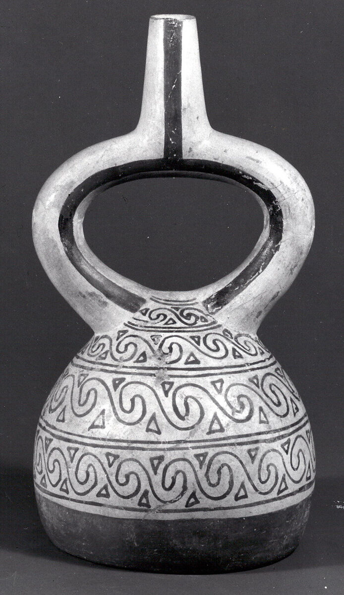 Stirrup Spout Bottle with Scrolls, Ceramic, slip, pigment, Moche