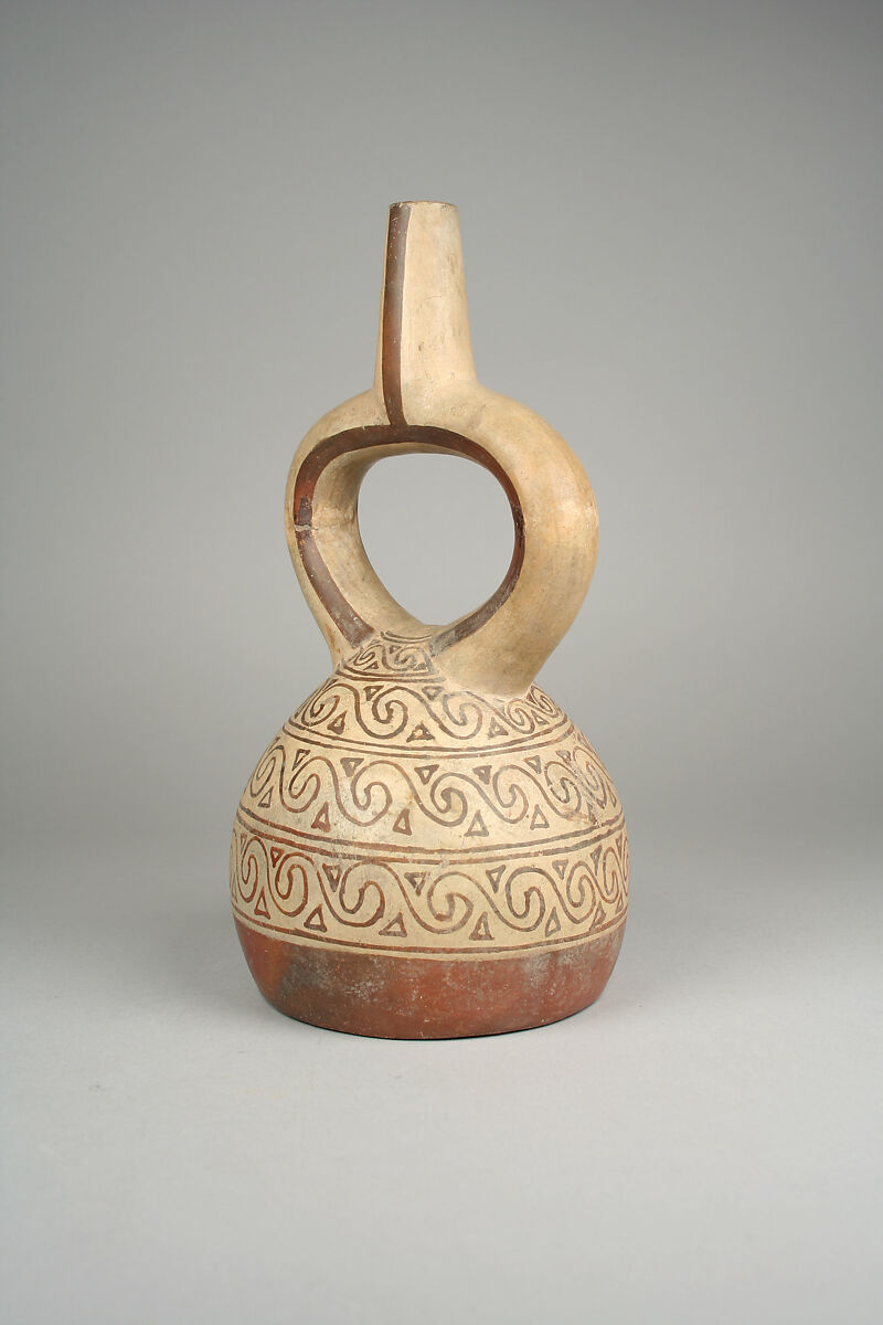 Stirrup Spout Bottle with Scrolls, Ceramic, slip, pigment, Moche 