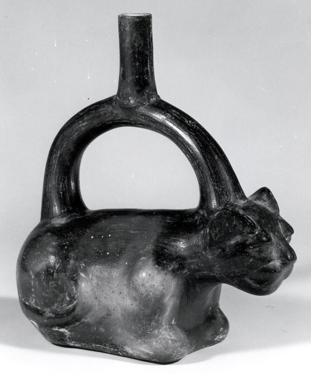 Stirrup Spout Bottle with Cat, Ceramic, slip, Moche