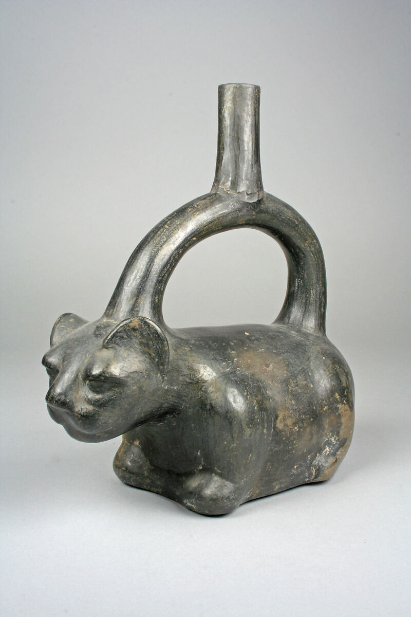 Stirrup Spout Bottle with Cat, Ceramic, slip, Moche 