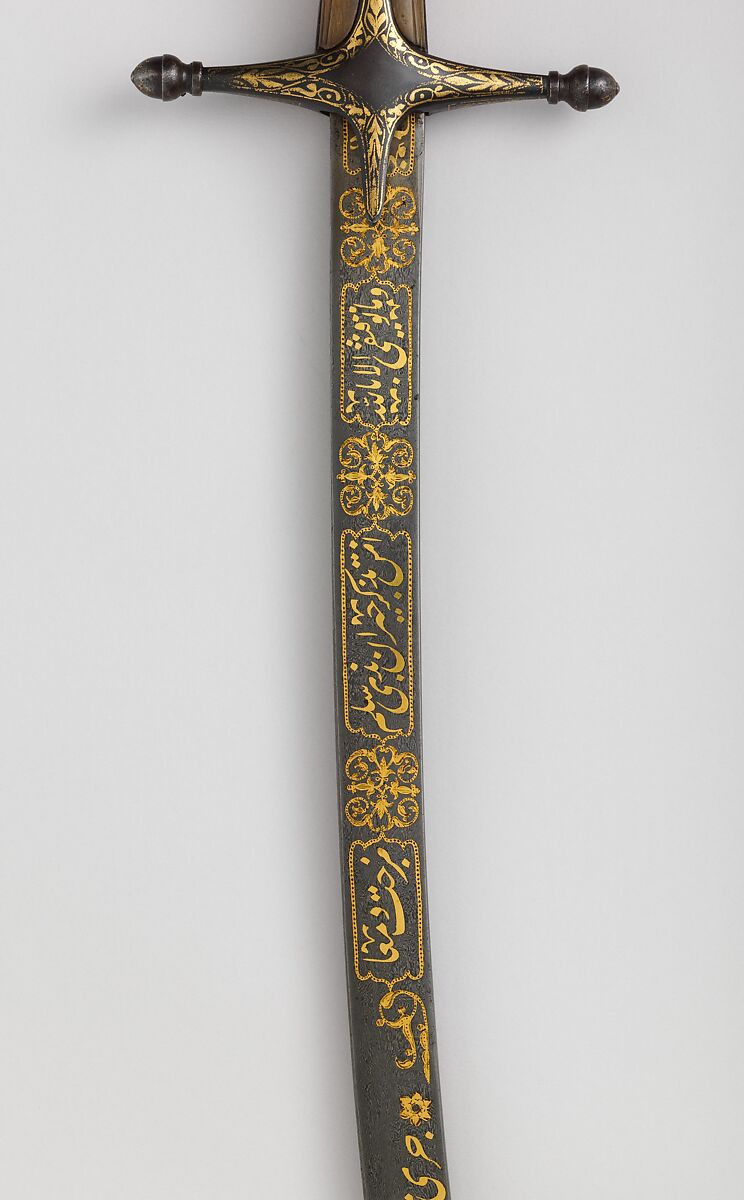 Saber, Steel, gold, horn (rhinoceros), hilt, Turkish; blade, Iranian with Turkish decoration
