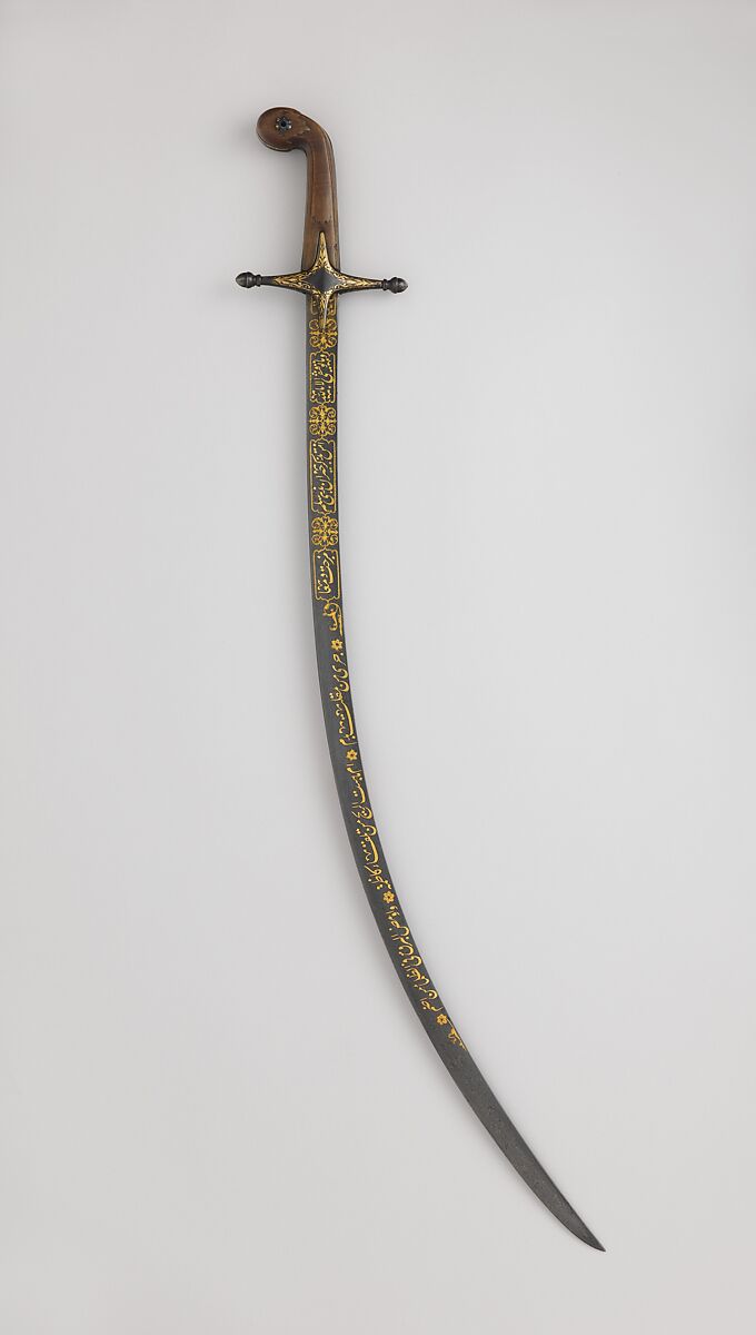 Saber, Steel, gold, horn (rhinoceros), hilt, Turkish; blade, Iranian with Turkish decoration 