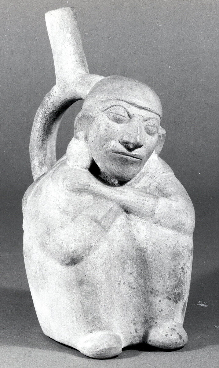 Stirrup Spout Bottle with Sleeping Man, Ceramic, slip, Moche