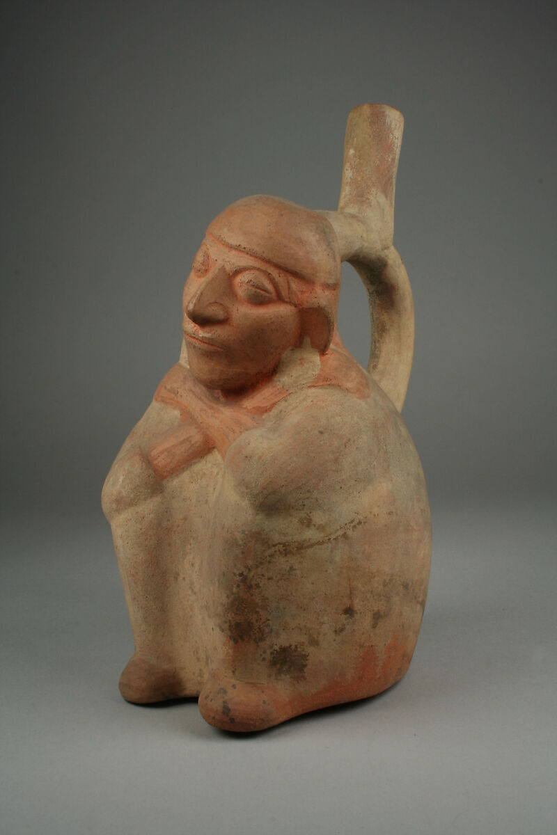 Stirrup Spout Bottle with Sleeping Man, Ceramic, slip, Moche 