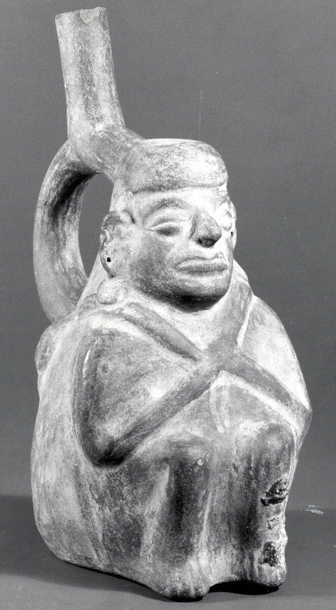 Stirrup Spout Bottle with Figure, Ceramic, slip, Moche