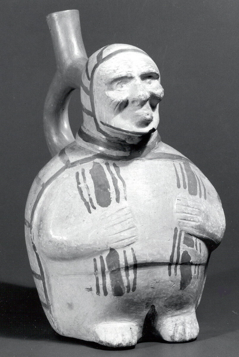 Stirrup Spout Bottle with Figure, Ceramic, slip, pigment, Moche