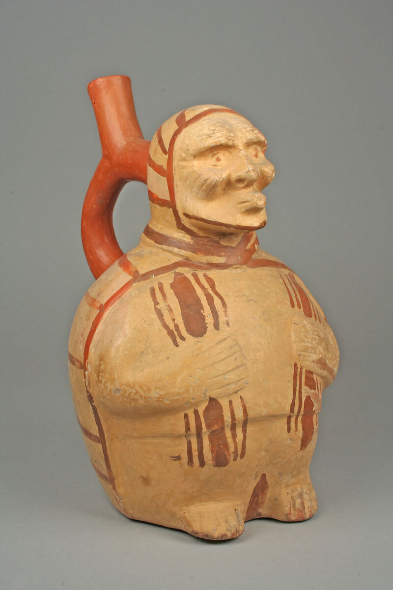 Stirrup Spout Bottle with Figure, Ceramic, slip, pigment, Moche 