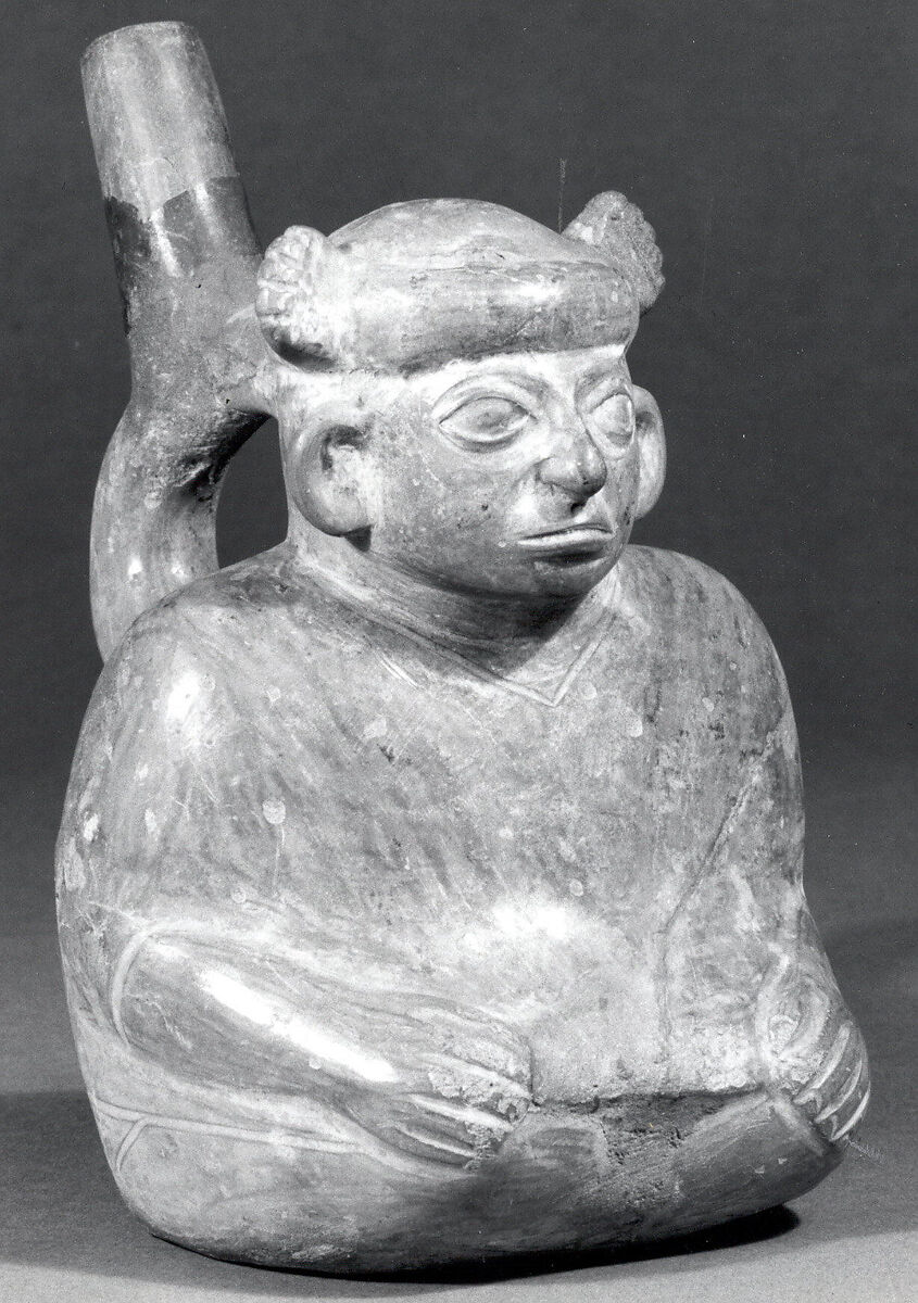 Stirrup Spout Bottle with Seated Figure, Ceramic, slip, pigment, Moche