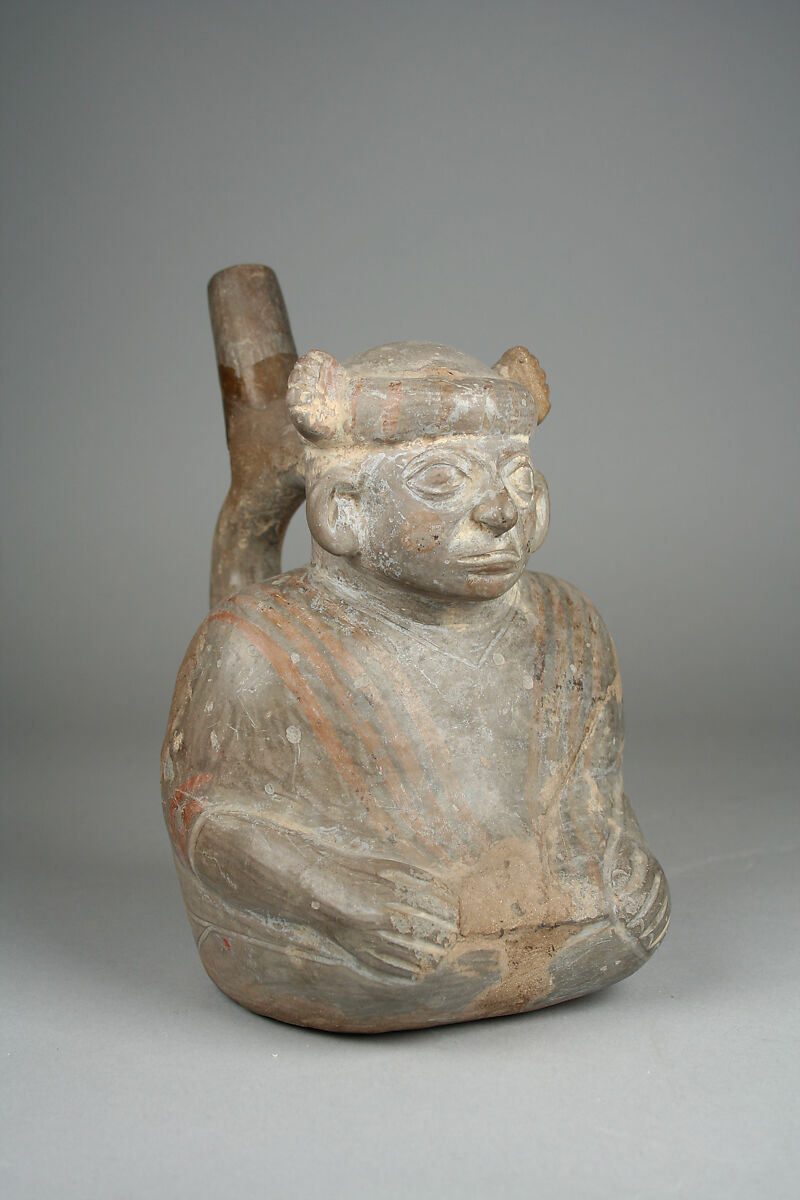 Stirrup Spout Bottle with Seated Figure, Ceramic, slip, pigment, Moche 