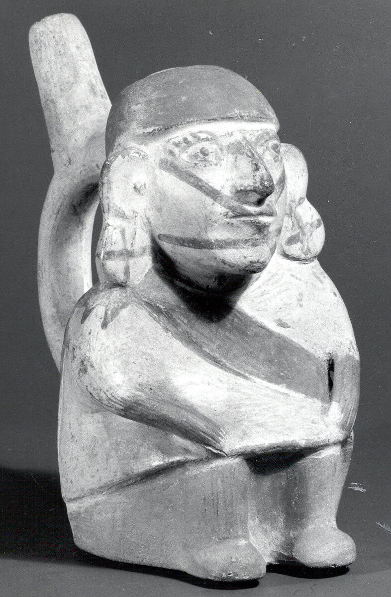 Stirrup Spout Bottle with Seated Figure, Ceramic, slip, pigment, Moche