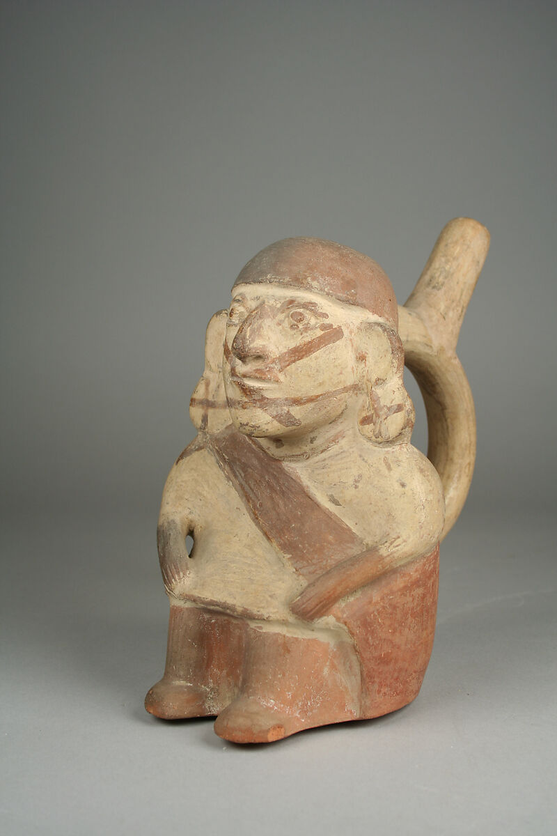 Stirrup Spout Bottle with Seated Figure, Ceramic, slip, pigment, Moche 